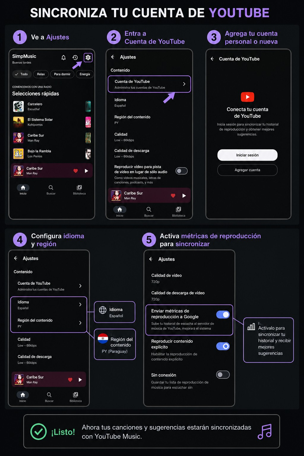 Configuración recomendada de YouTube Música en GSHOPY Música